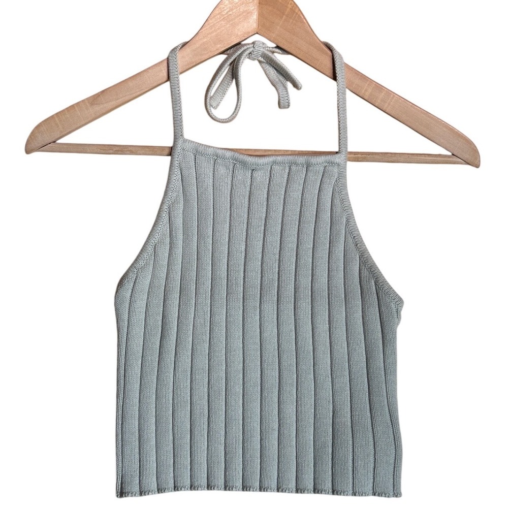 Ribbed Knit Halter Crop Top Beige Stretch Cotton 11" Wide 17" Long Made in Italy